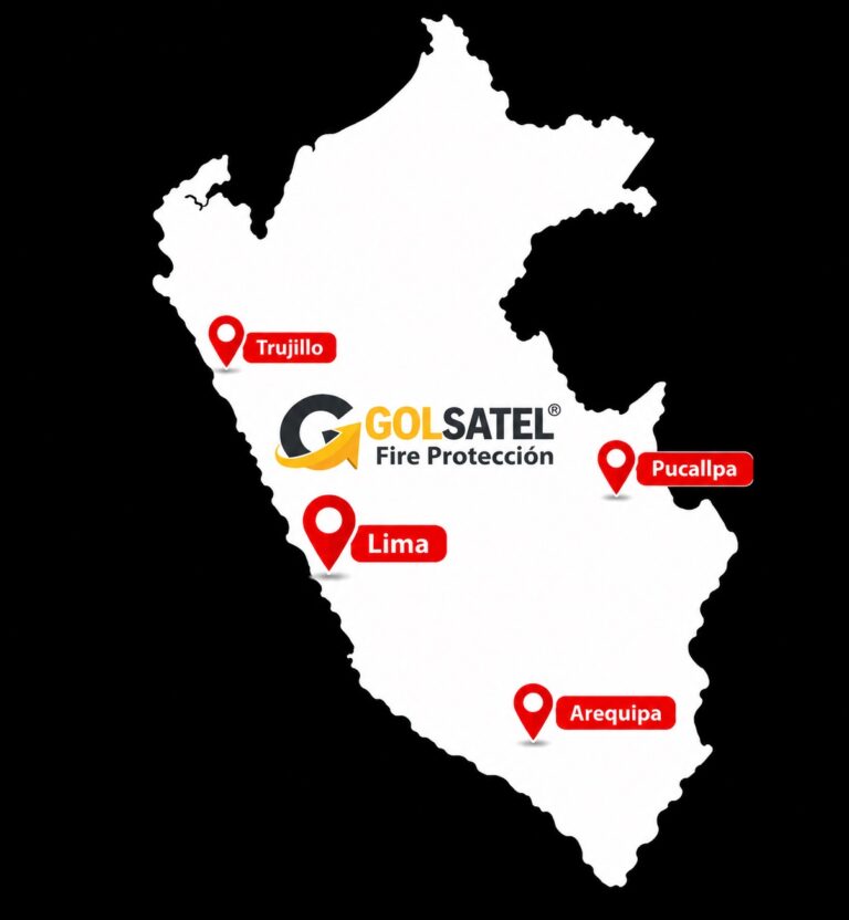 Mapa del Perú con la cobertura de Golsatel en sistemas contra incendio: Lima, Arequipa, Trujillo y Pucallpa