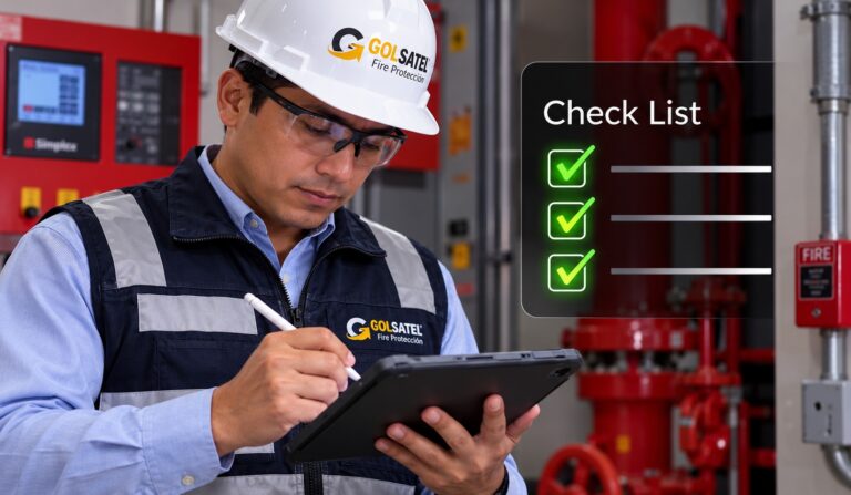 Ingeniero de Golsatel revisando en una tablet el checklist ITSE del sistema contra incendio frente a la sala de bombas y el panel de alarma